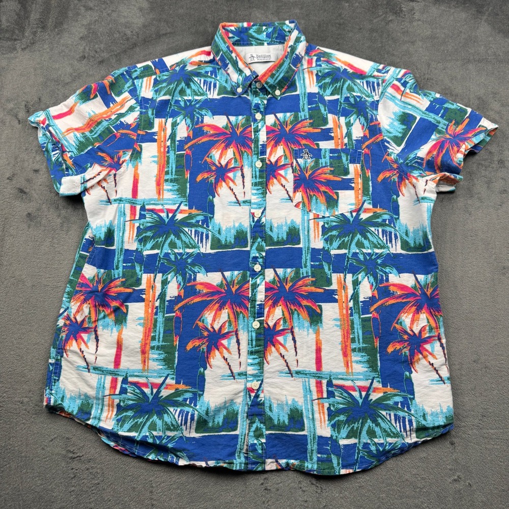 Original Penguin Button Down Shirt Mens XL Tropical Palm Tree Print Excellent
